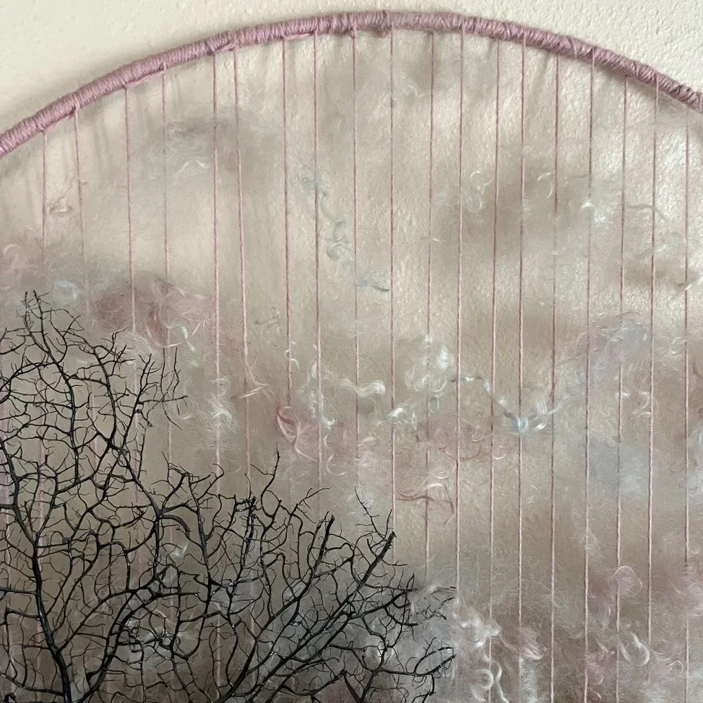 Wool Hand Spun Fiber Mixed Media Wall Hanging Mohair Dream Catcher‎ Boho Cottage